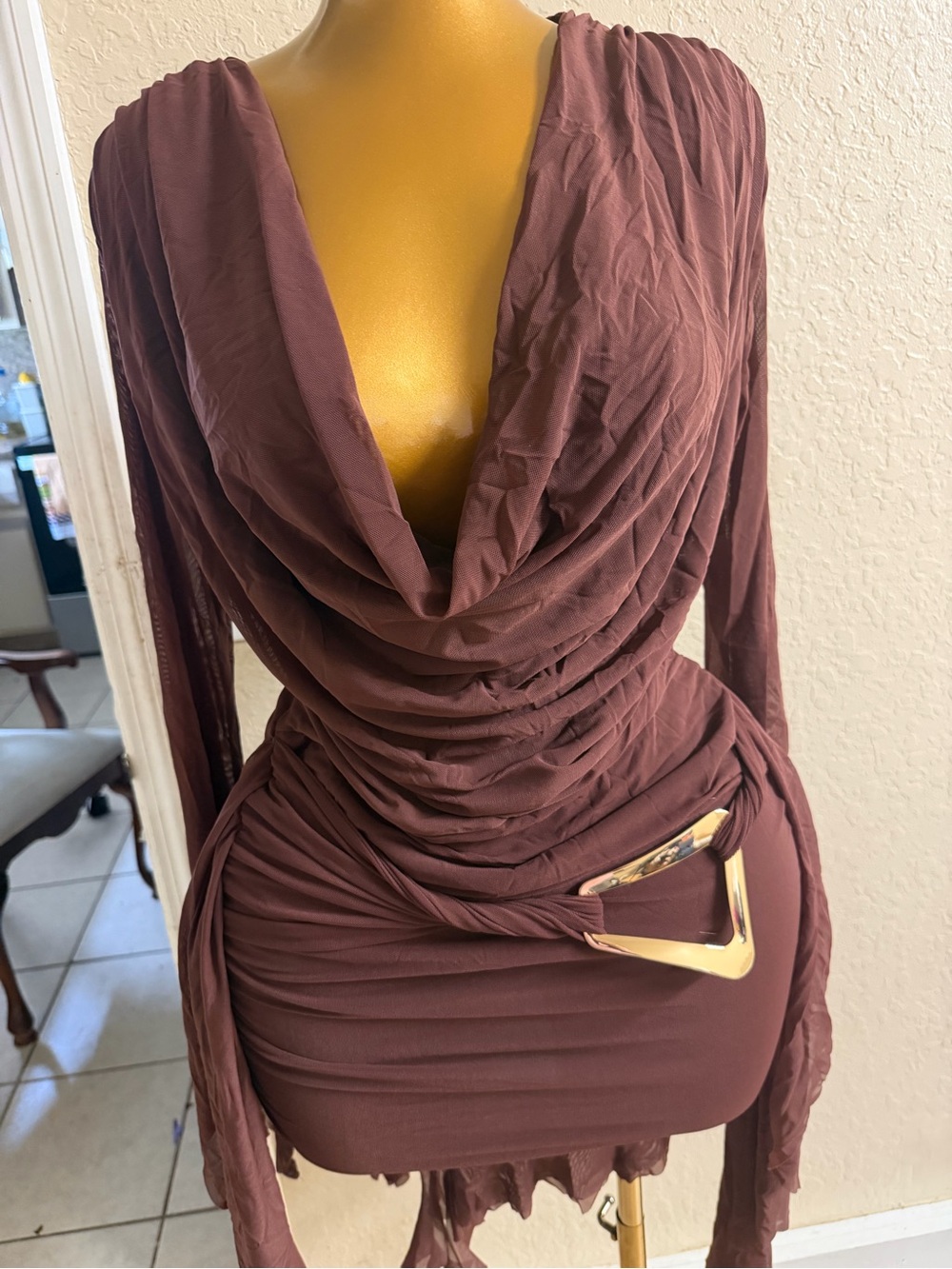 SHEIN Brown Draped Cowl Neck Mini Dress with Gold Accent